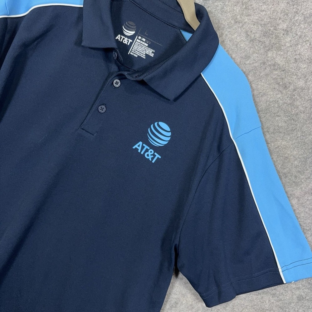 AT&T Polo Shirt Mens Sz L Blue Colorblock Lightweight Logo Employee Workwear